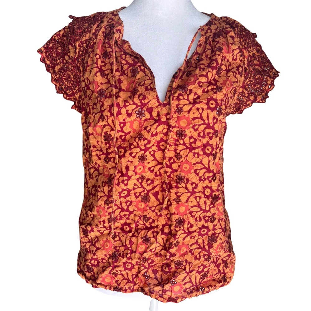 Jennifer & Grace Women's S‎ Orange Burgundy Batik Eyelet Cotton Flutter Top Boho